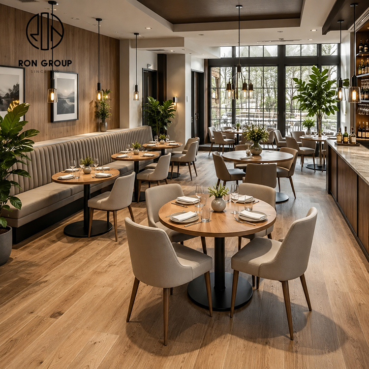 Modern Restaurant Furniture Set with Round Wood Tables, High Back Fabric Chairs and Upholstered Booth Seating