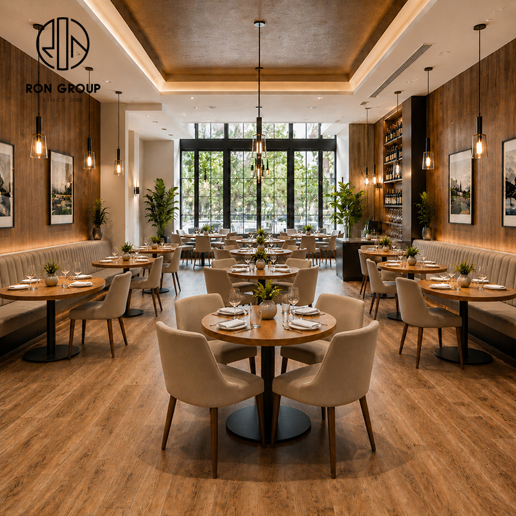 Modern Restaurant Furniture Set with Round Wood Tables, High Back Fabric Chairs and Upholstered Booth Seating