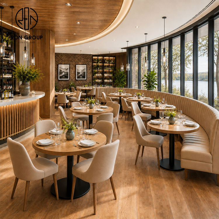 Modern Restaurant Furniture Set with Round Wood Tables, High Back Fabric Chairs and Upholstered Booth Seating