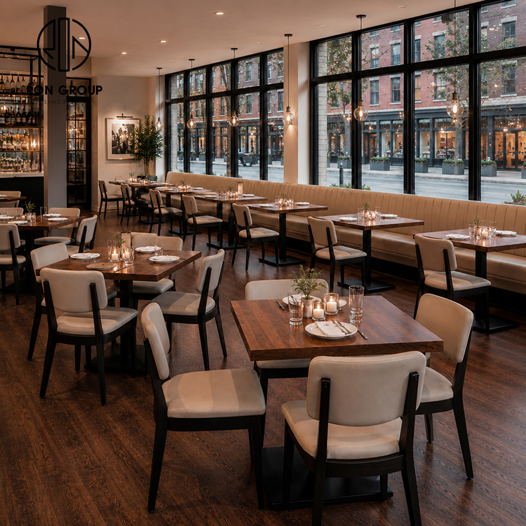 Modern Wood Restaurant Furniture Set with Upholstered Dining Chairs and Cream Booth Seating