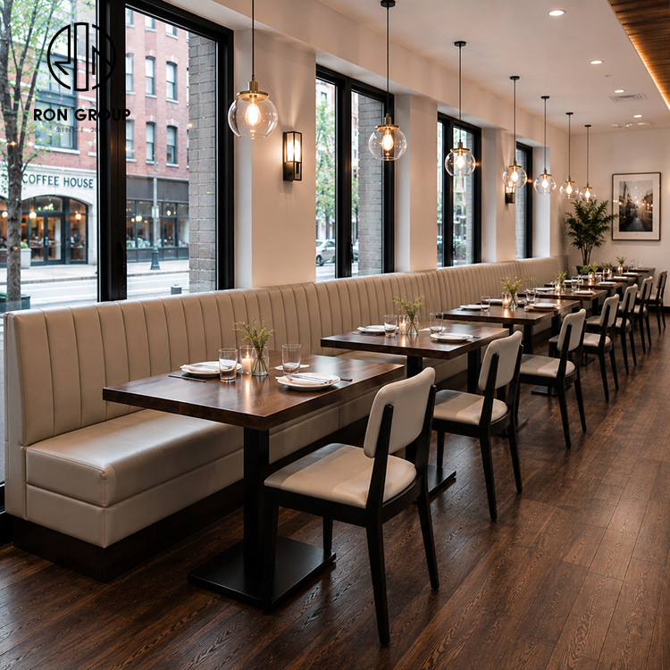 Modern Wood Restaurant Furniture Set with Upholstered Dining Chairs and Cream Booth Seating