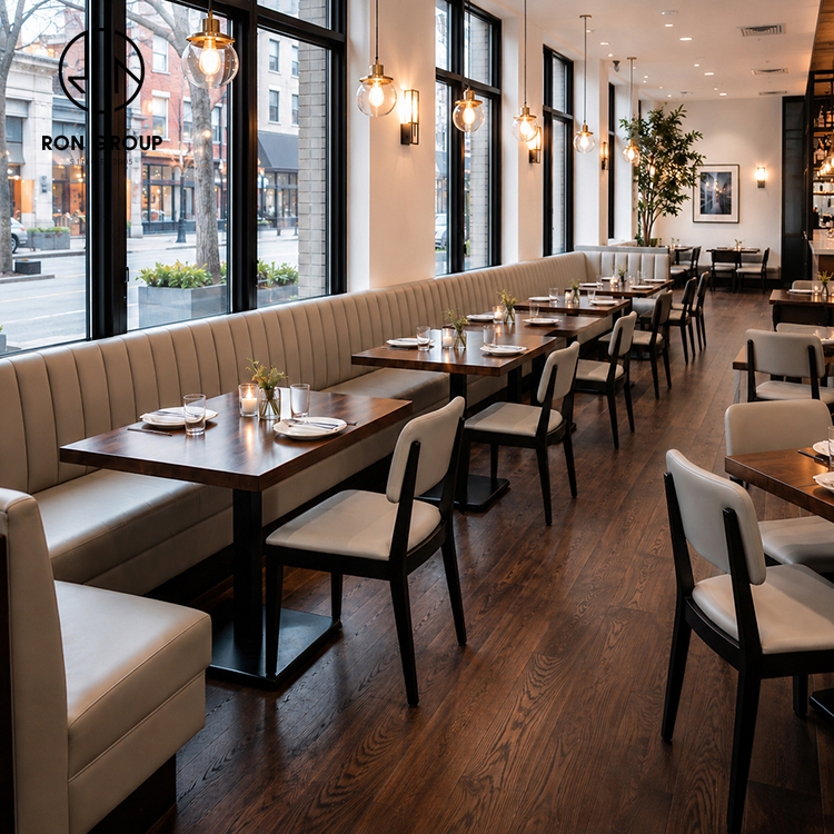 Modern Wood Restaurant Furniture Set with Upholstered Dining Chairs and Cream Booth Seating