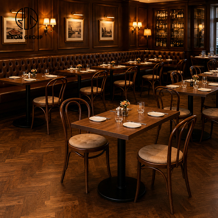 Classic Brown Tufted Leather Restaurant Booth Seating Set with Bentwood Upholstered Chairs and Square Wood Tables