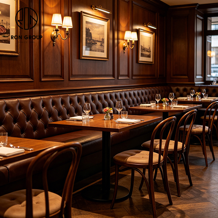 Classic Brown Tufted Leather Restaurant Booth Seating Set with Bentwood Upholstered Chairs and Square Wood Tables