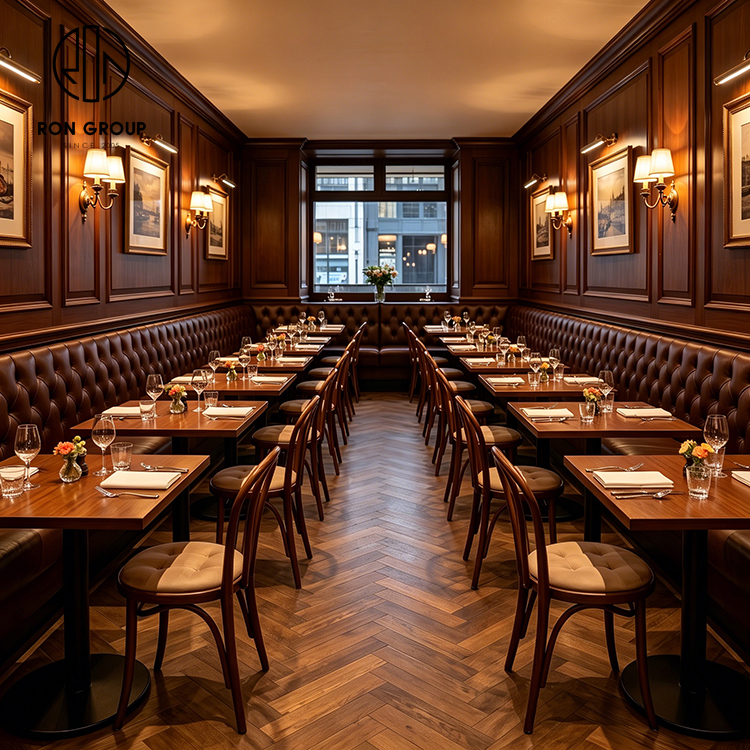 Classic Brown Tufted Leather Restaurant Booth Seating Set with Bentwood Upholstered Chairs and Square Wood Tables