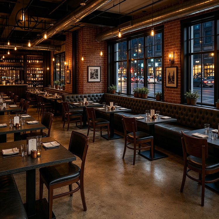 Industrial Black Tufted Leather Restaurant Booth Seating Set with Square Wood Tables and Upholstered Dining Chairs
