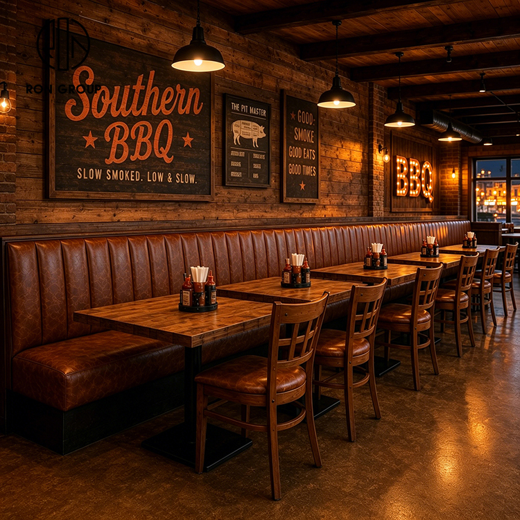 Rustic BBQ Restaurant Booth Seating Set with Brown Leather Banquette, Solid Wood Tables and Upholstered Chairs