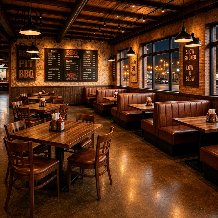 Rustic BBQ Restaurant Booth Seating Set with Brown Leather Banquette, Solid Wood Tables and Upholstered Chairs
