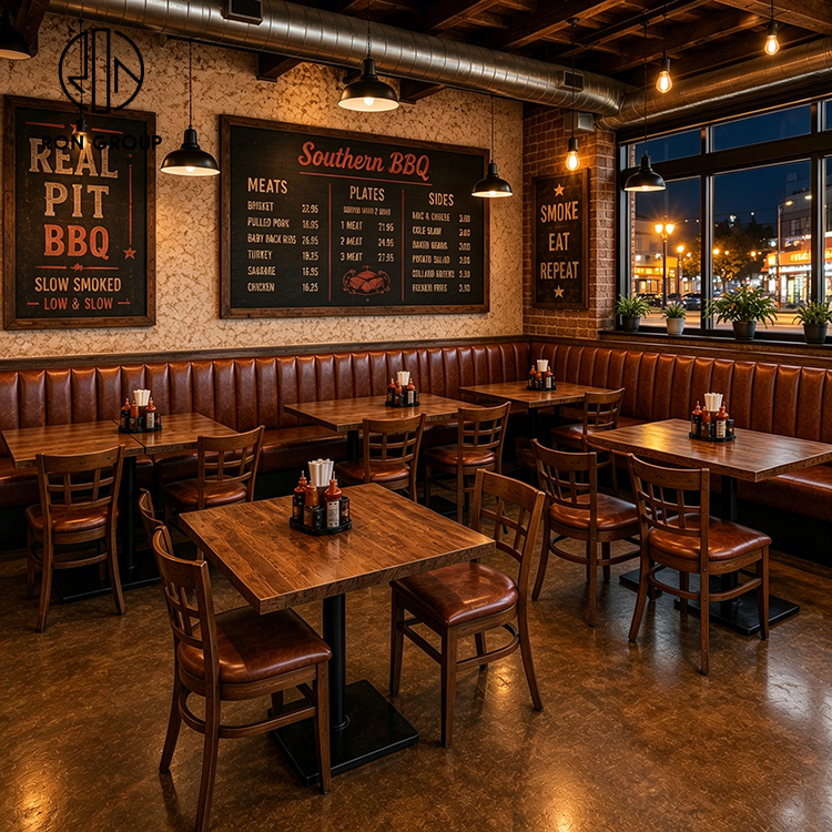 Rustic BBQ Restaurant Booth Seating Set with Brown Leather Banquette, Solid Wood Tables and Upholstered Chairs