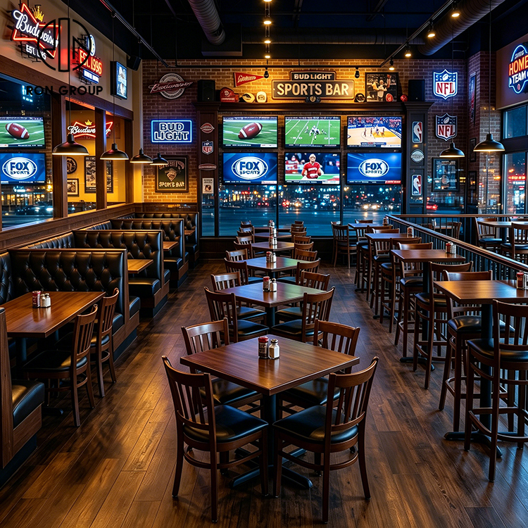 Sports Bar Black Tufted Leather Booth Seating Set with Square Wood Tables and Wood Frame Dining Chairs