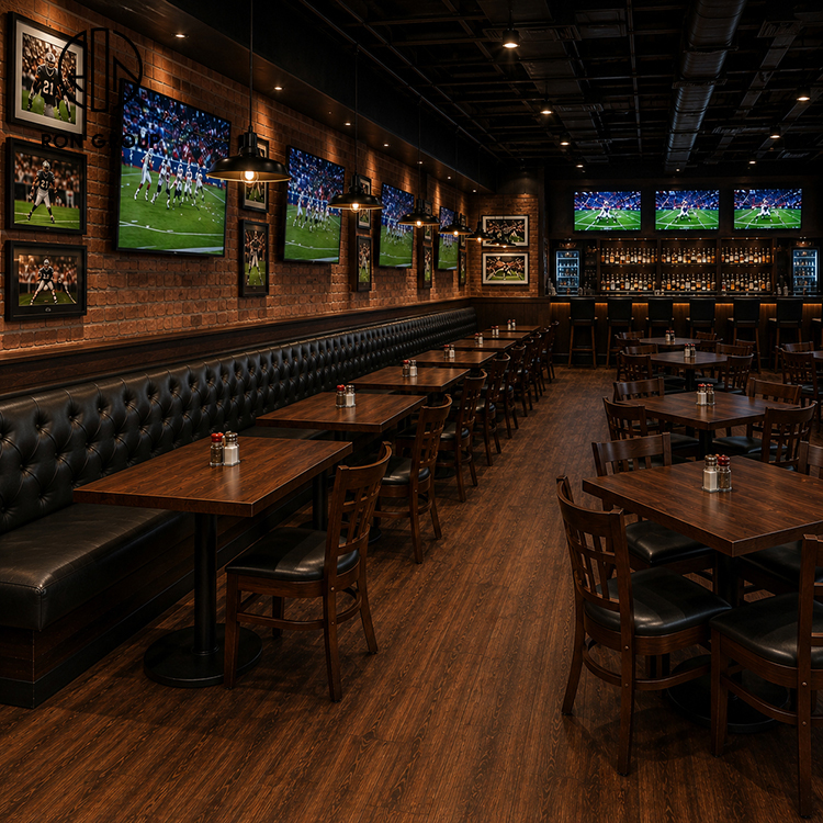 Sports Bar Black Tufted Leather Booth Seating Set with Square Wood Tables and Wood Frame Dining Chairs