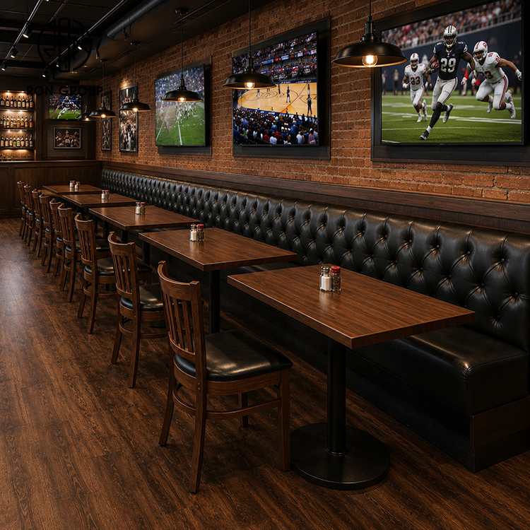 Sports Bar Black Tufted Leather Booth Seating Set with Square Wood Tables and Wood Frame Dining Chairs