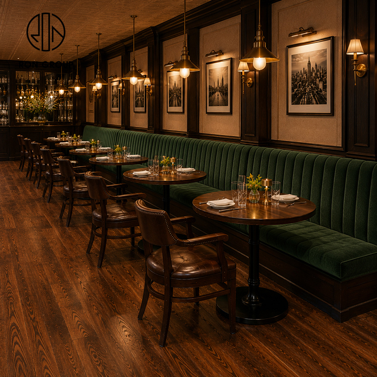 High-End Green Velvet Restaurant Booth Seating Set with Round Wood Tables and Brown Leather Dining Chairs