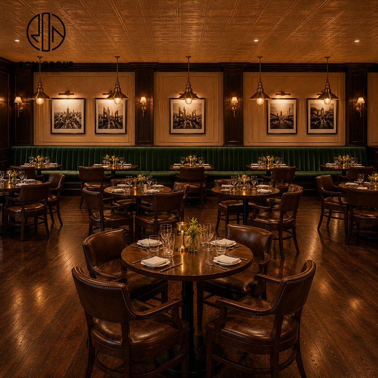 High-End Green Velvet Restaurant Booth Seating Set with Round Wood Tables and Brown Leather Dining Chairs