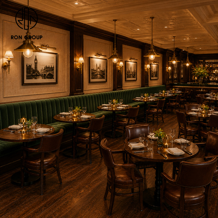 High-End Green Velvet Restaurant Booth Seating Set with Round Wood Tables and Brown Leather Dining Chairs