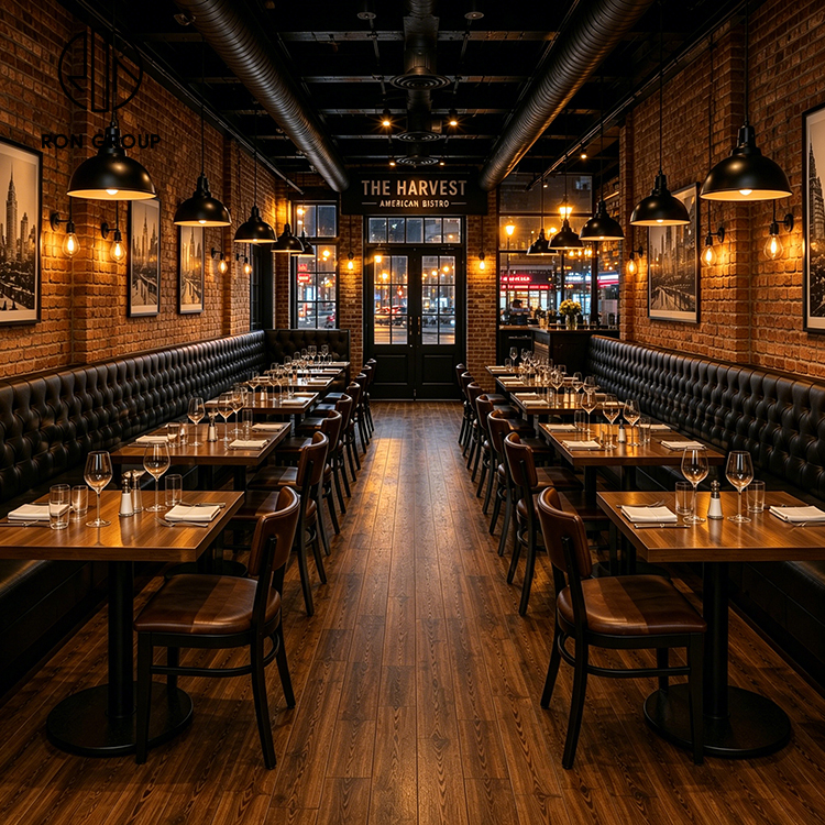 Industrial Black Tufted Leather Restaurant Booth Seating Set with Square Wood Tables and Brown Dining Chairs