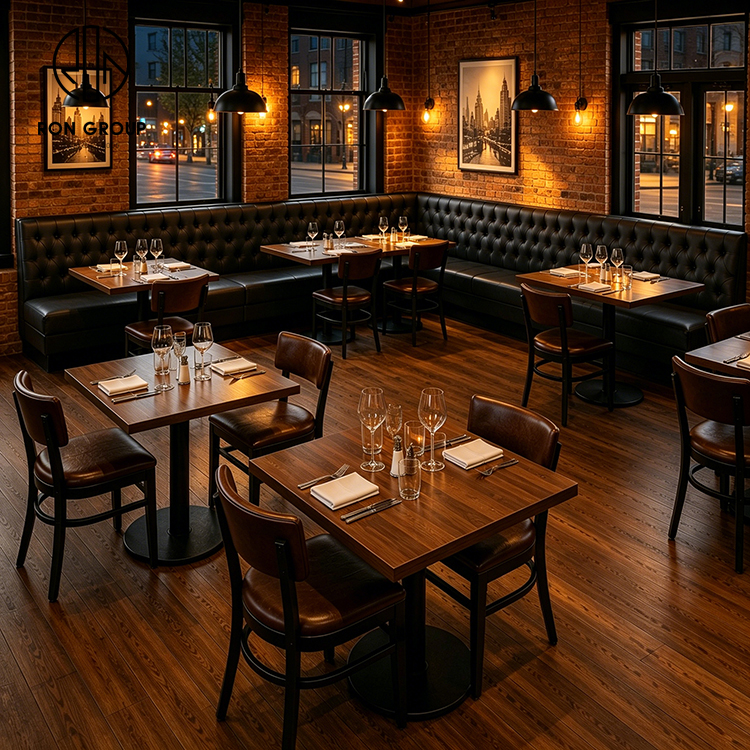 Industrial Black Tufted Leather Restaurant Booth Seating Set with Square Wood Tables and Brown Dining Chairs