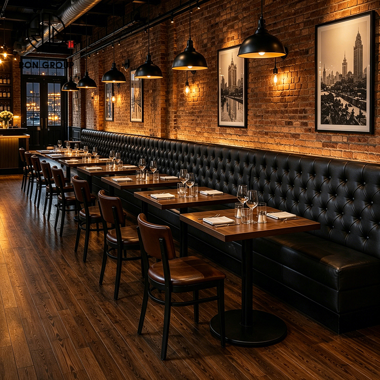 Industrial Black Tufted Leather Restaurant Booth Seating Set with Square Wood Tables and Brown Dining Chairs