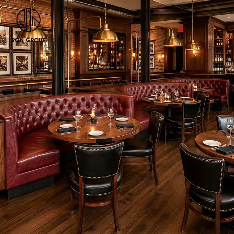 Luxury Burgundy Tufted Leather Restaurant Booth Seating Set with Round Wood Tables and Black Upholstered Chairs