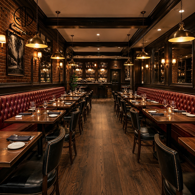 Luxury Burgundy Tufted Leather Restaurant Booth Seating Set with Round Wood Tables and Black Upholstered Chairs
