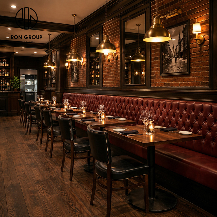 Luxury Burgundy Tufted Leather Restaurant Booth Seating Set with Round Wood Tables and Black Upholstered Chairs