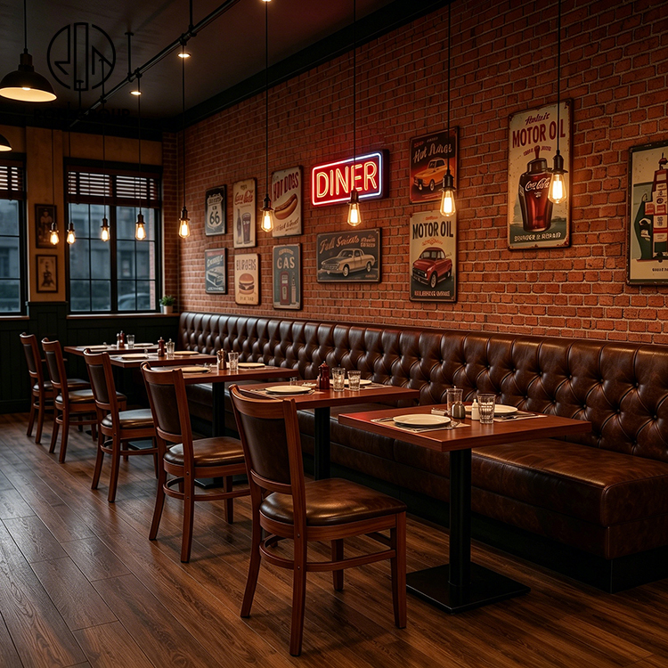American Diner Brown Tufted Leather Booth Seating Set with Wood Tables and Matching Dining Chairs