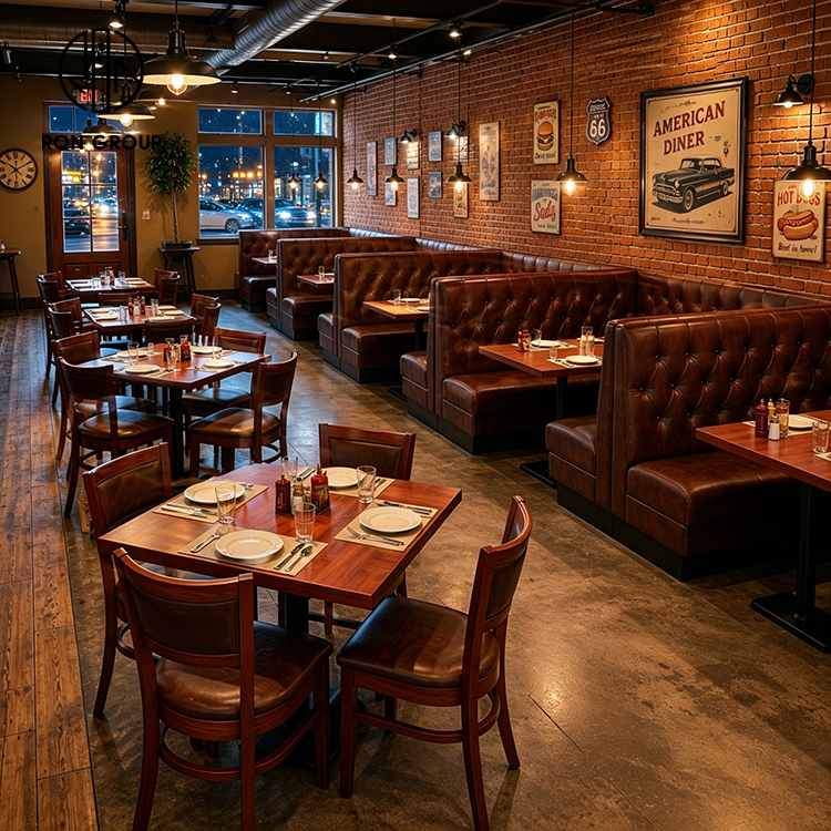 American Diner Brown Tufted Leather Booth Seating Set with Wood Tables and Matching Dining Chairs