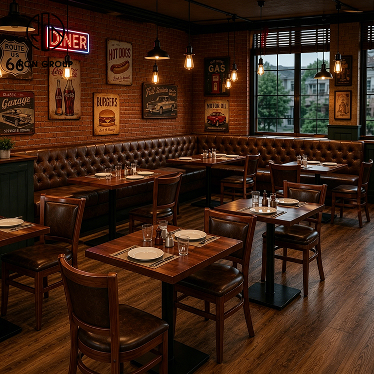 American Diner Brown Tufted Leather Booth Seating Set with Wood Tables and Matching Dining Chairs
