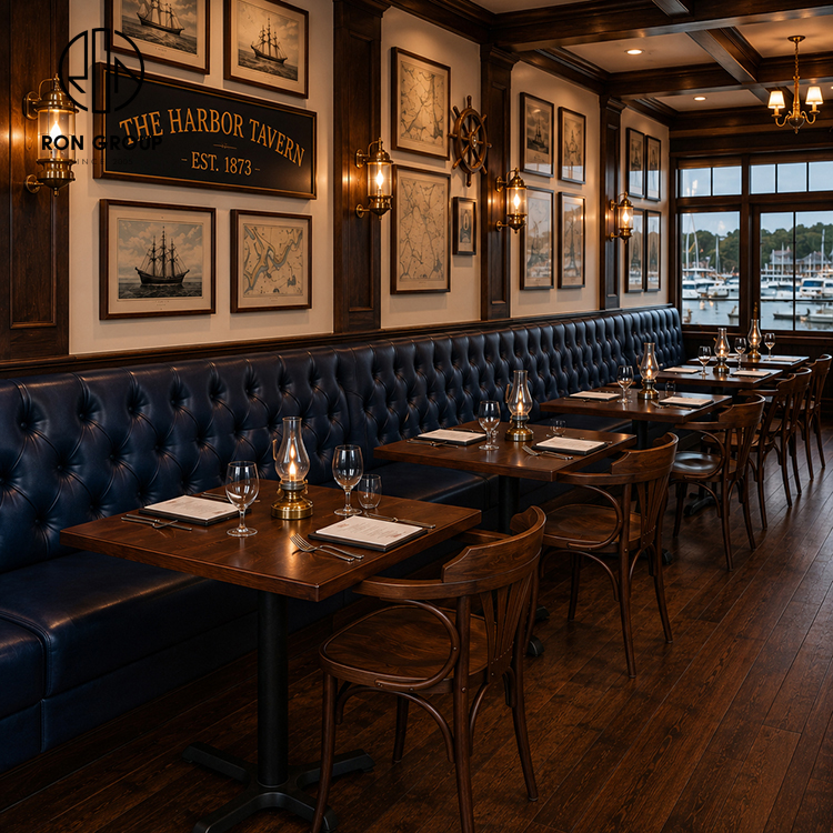 Navy Tufted Leather Restaurant Booth Seating Set with Square Wood Tables and Bentwood Dining Chairs