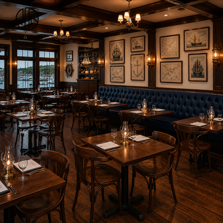 Navy Tufted Leather Restaurant Booth Seating Set with Square Wood Tables and Bentwood Dining Chairs