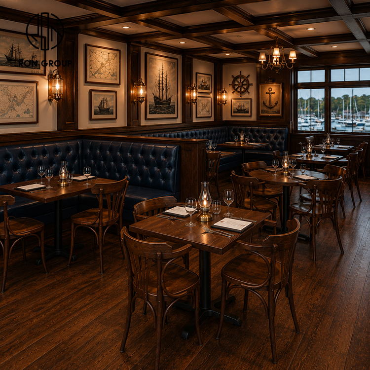 Navy Tufted Leather Restaurant Booth Seating Set with Square Wood Tables and Bentwood Dining Chairs