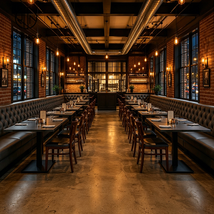 Industrial Black Tufted Leather Restaurant Booth Seating Set with Square Wood Tables and Upholstered Dining Chairs