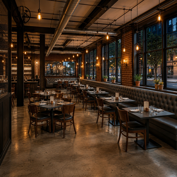 Industrial Black Tufted Leather Restaurant Booth Seating Set with Square Wood Tables and Upholstered Dining Chairs