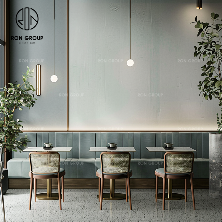 Contemporary Velvet Booth Bench Seating with Rattan Chairs for Coffee and Tea Shops