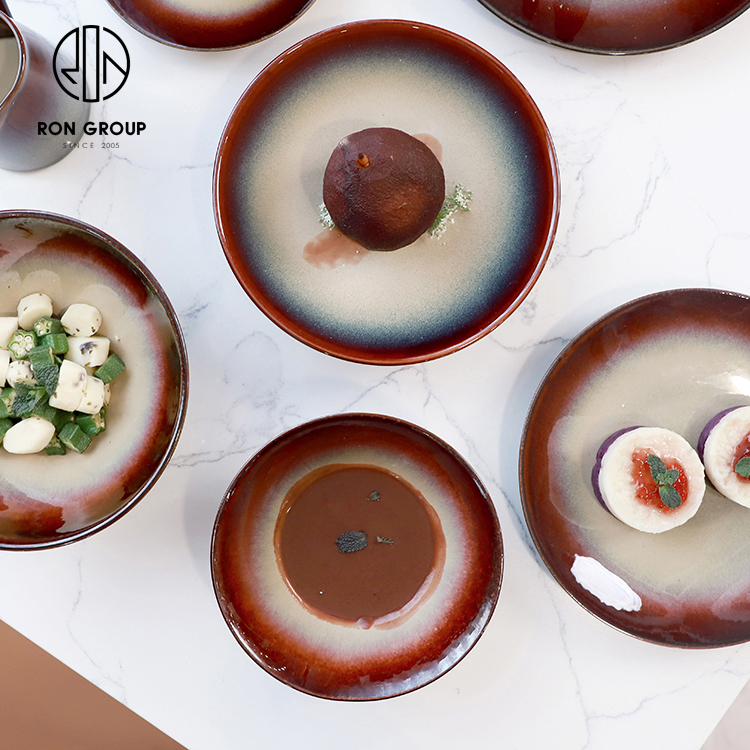 Brown Gradient Kiln-Glazed Ceramic Dinner Plate Set for Restaurants