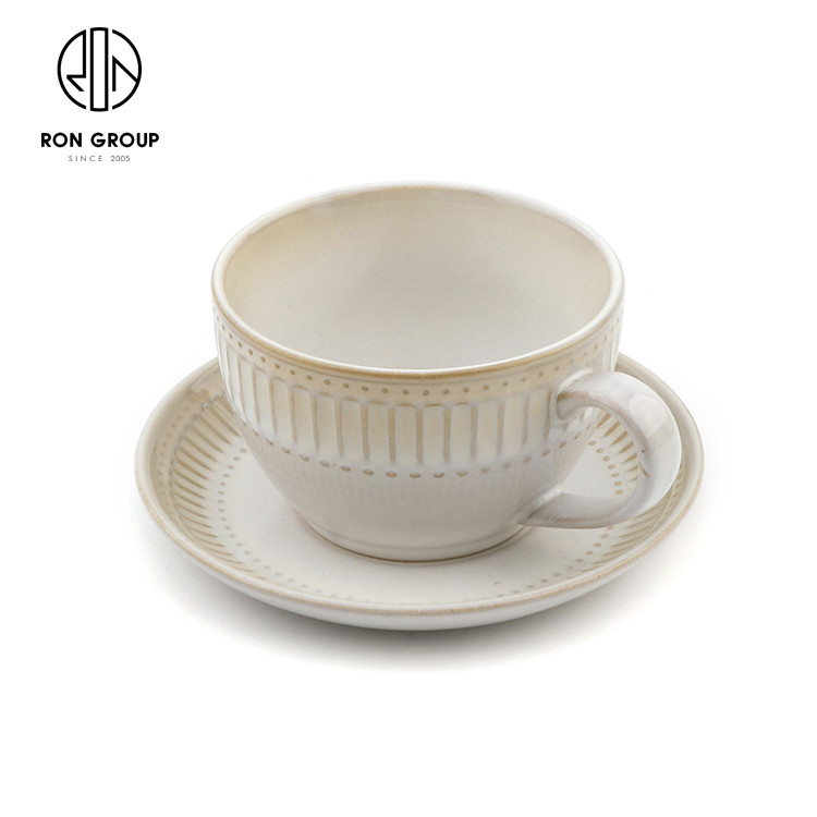 Elegant English Style White Porcelain Tea Cup & Saucer - Embossed Lace Design with Gold Rim