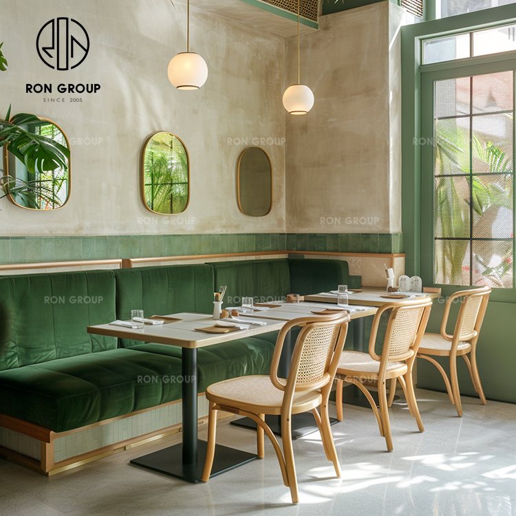 Nordic Green Velvet Booth Bench Seating with Rattan Chairs for Café and Restaurant Use
