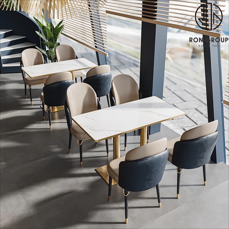 Luxury Gold Metal Booth Seating Set With Beige Upholstery Marble Look Tables And Two Tone Chairs