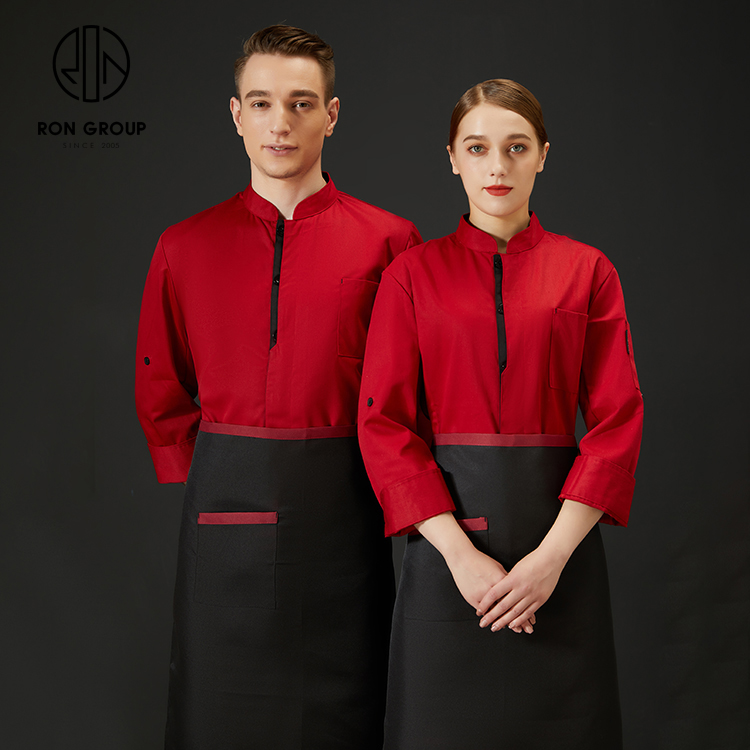 Custom Printing Logo Breathable Washable Unisex Long Sleeve Waiter Waitress Uniform with Pocket Kitchen Coffee Shop Workwear