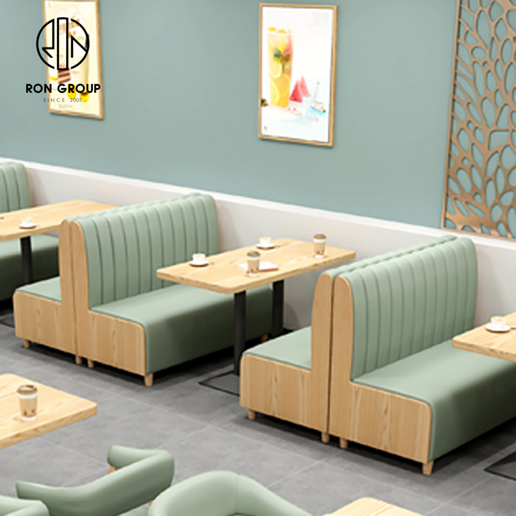 Modern Cafe Booth Seating Set With Wood Tables And Green Upholstered Chairs For Restaurants