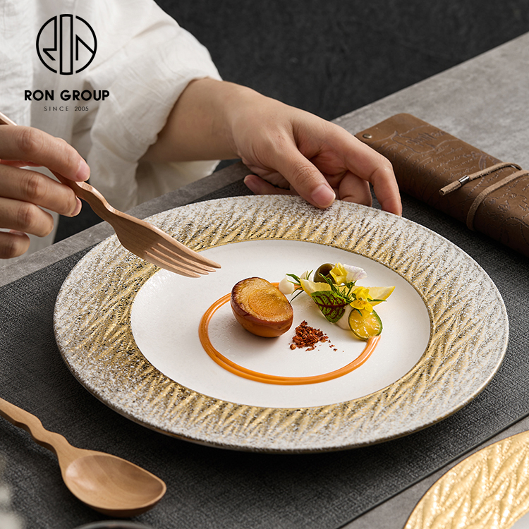 Cheaper Price Golden Round Ceramic Tableware Dinnerware  8.5/12 Inch Food Dinner Serving Plate for Commercial Dinner Cutlery