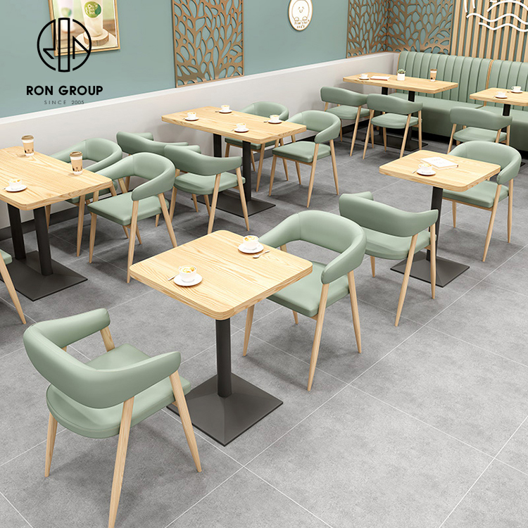 Modern Cafe Booth Seating Set With Wood Tables And Green Upholstered Chairs For Restaurants