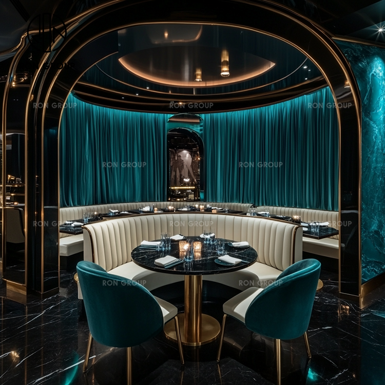 Luxury Curved Leather Banquette Seating Set With Black Marble Tables Gold Bases And Teal Velvet Chairs