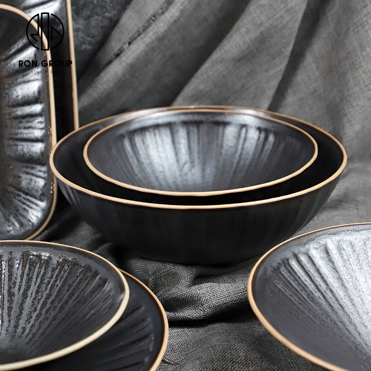 Textured Matte Black Porcelain Pasta Salad Bowl