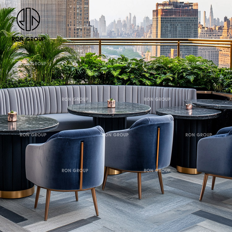 Half Circle Curved Booth Seating Set With Marble Tables And Lounge Chairs For Restaurants