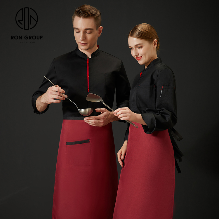 Custom Printing Logo Breathable Washable Unisex Long Sleeve Waiter Waitress Uniform with Pocket Kitchen Coffee Shop Workwear