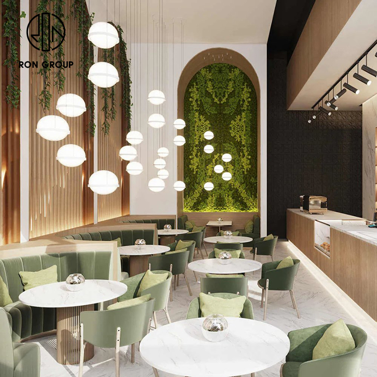 Modern Green Velvet Curved Booth Seating Set With Round Marble Tables And Cafe Chairs