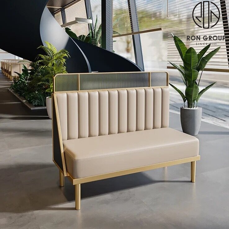 Luxury Gold Metal Booth Seating Set With Beige Upholstery Marble Look Tables And Two Tone Chairs