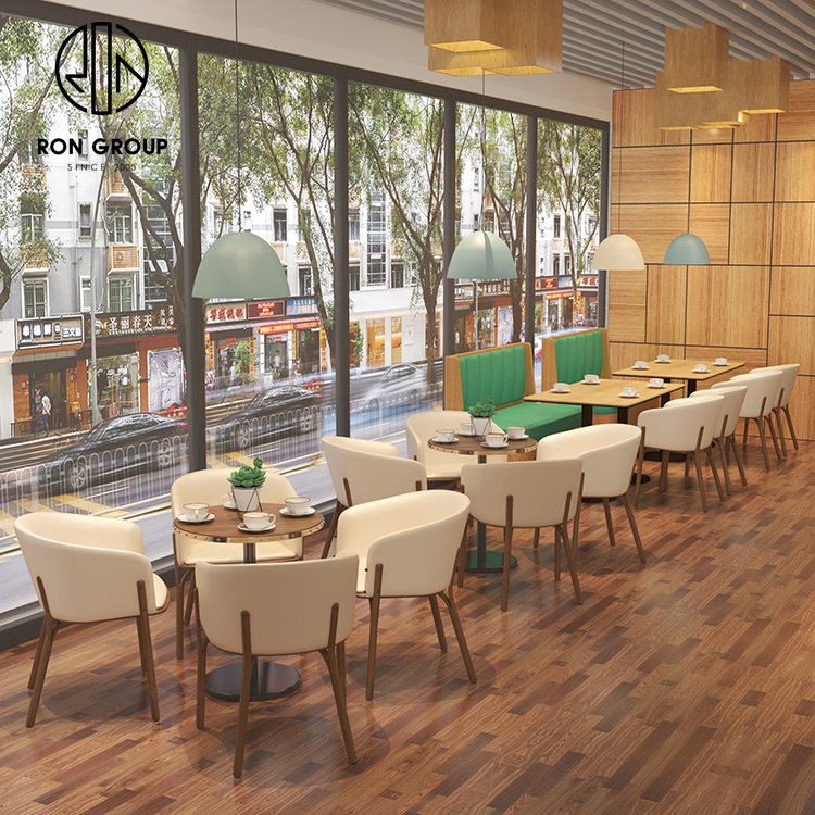 Green PU Booth Seating Set With Light Oak Wood Base Cafe Tables And Beige Dining Chairs For Restaurant
