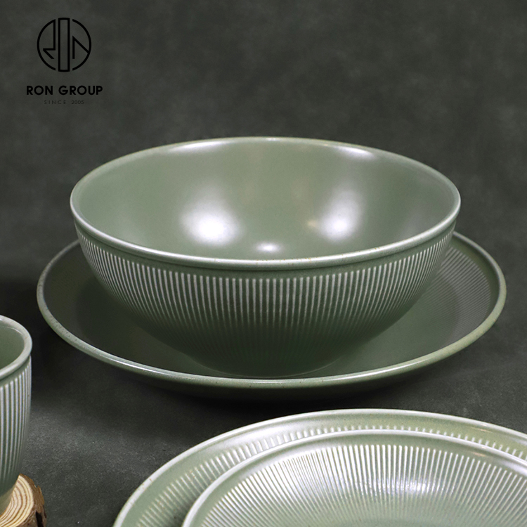 Light Green Ribbed Ceramic Soup Bowl for Hotels and Restaurants